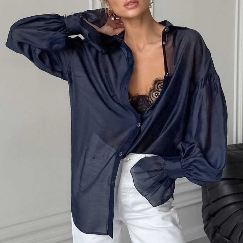 2025 New Autum See-Through Long-Sleeved Shirt Women's Design Stylish Fashionable Elegant Casual European and American Commuter Shirt