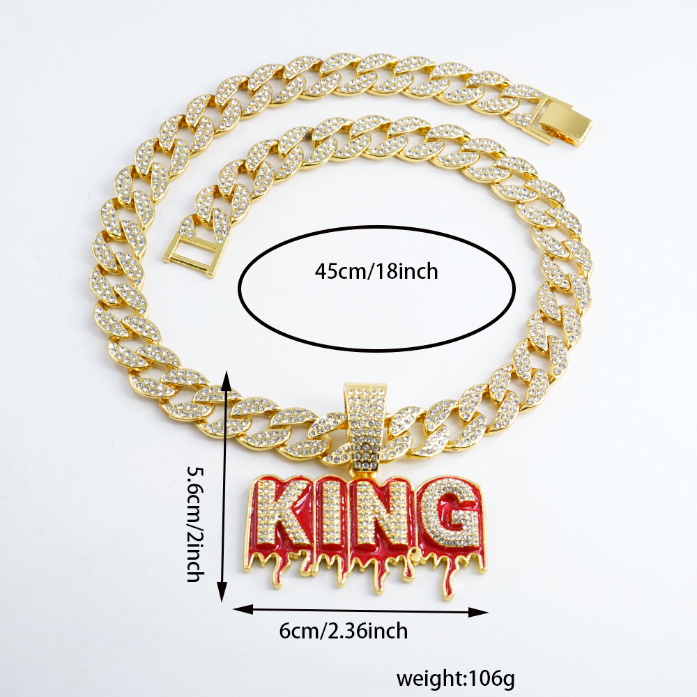 Collar de hip-hop europeo y americano con colgante de letra KING incrustado de diamantes, lleno de diamantes, personalizado y llamativo, para hombre, cadena cubana, transfronterizo.