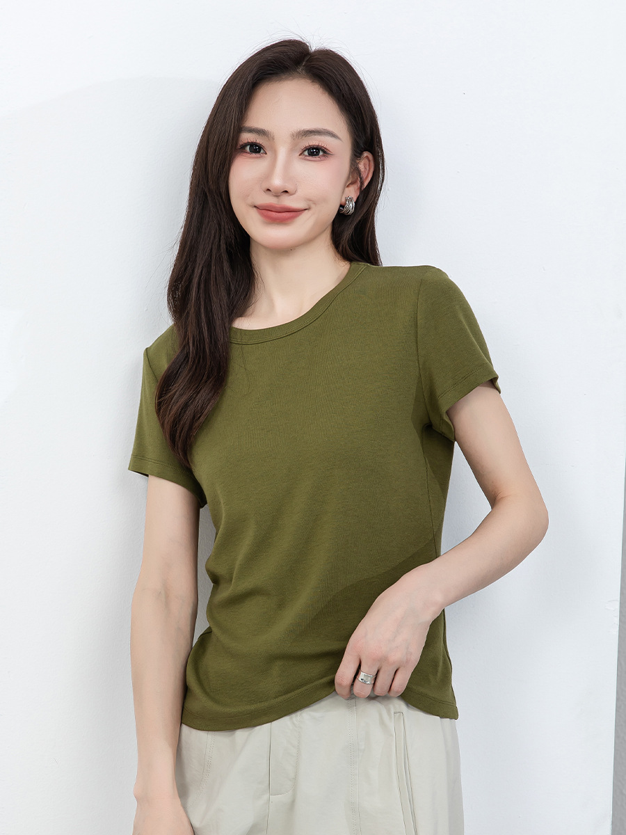 Áo thun nữ cổ tròn tay ngắn chất liệu co giãn cao, cảm giác mềm mại như mây, che khuyết điểm tạo dáng thon gọn — màu xanh navy