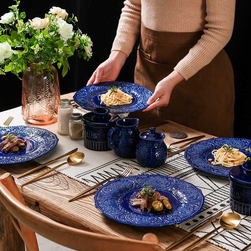 Embossed blue steak plate French Western plate personalized retro style ceramic milk pot sugar pot suit tableware wholesale