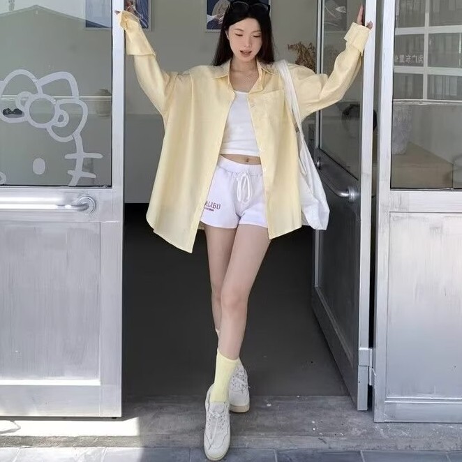 慵懒风条纹翻领长袖衬衫女韩系设计感休闲宽松衬衣春秋开衫防晒衣|undefined