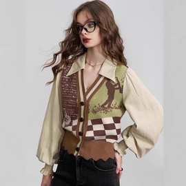 衬衫马甲套装假两件针织开衫女2024冬季新款拼接棋盘格学院风上衣