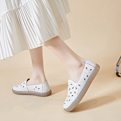 Spring and summer sunflower hollow breathable hole shoes hand-punched sandals summer first layer cowhide pure leather nurse shoes for women