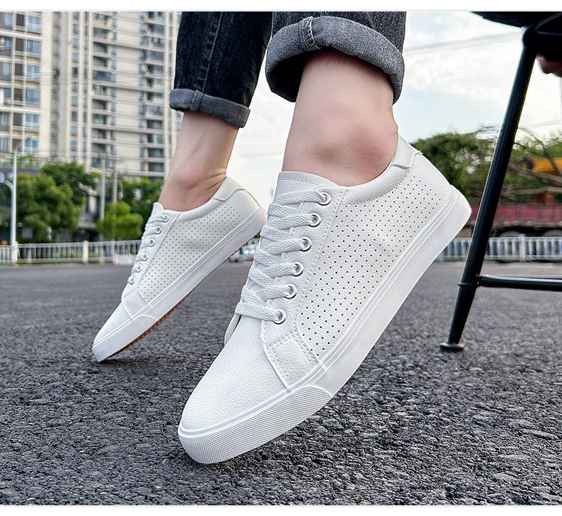 Caoutchouc petit blanc nouveaux trous de maille en cuir décontracté, à lacets d'été, chaussures de sport à fond plat pour étudiants, pour hommes_voghion.com