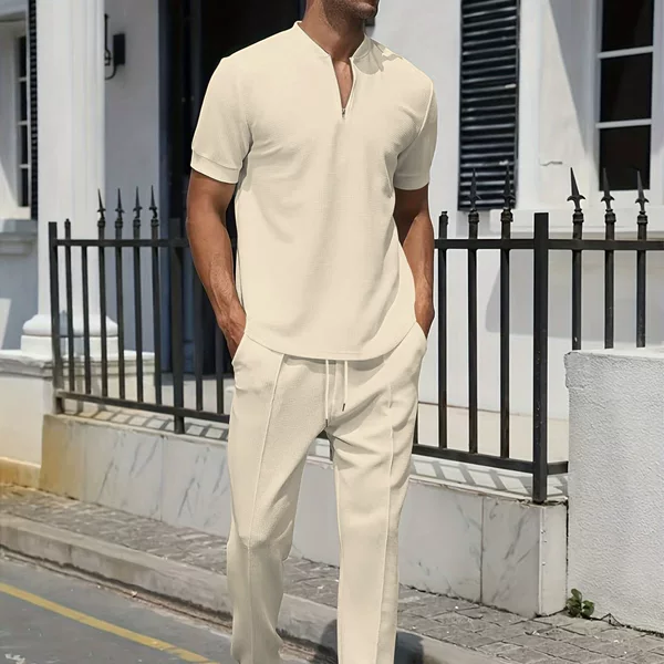 2024 Amazon cross-border summer new youth waffle stand collar solid color zipper short sleeve pants suit