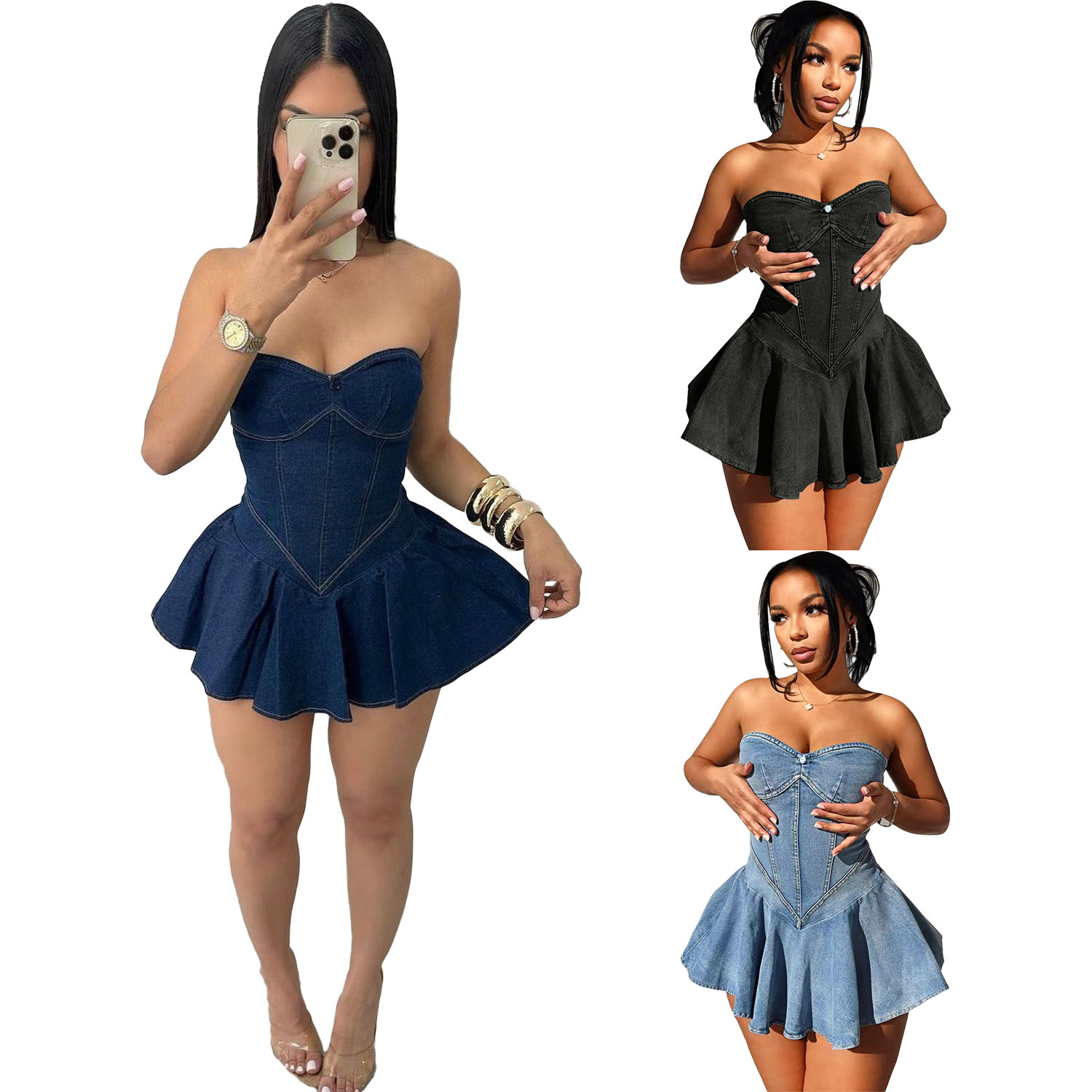 Women's Sleeveless Bust Denim Mini Dress Sexy Hot A-Line American Style Fashion Temperament Dress For Girls_ecoleips.com