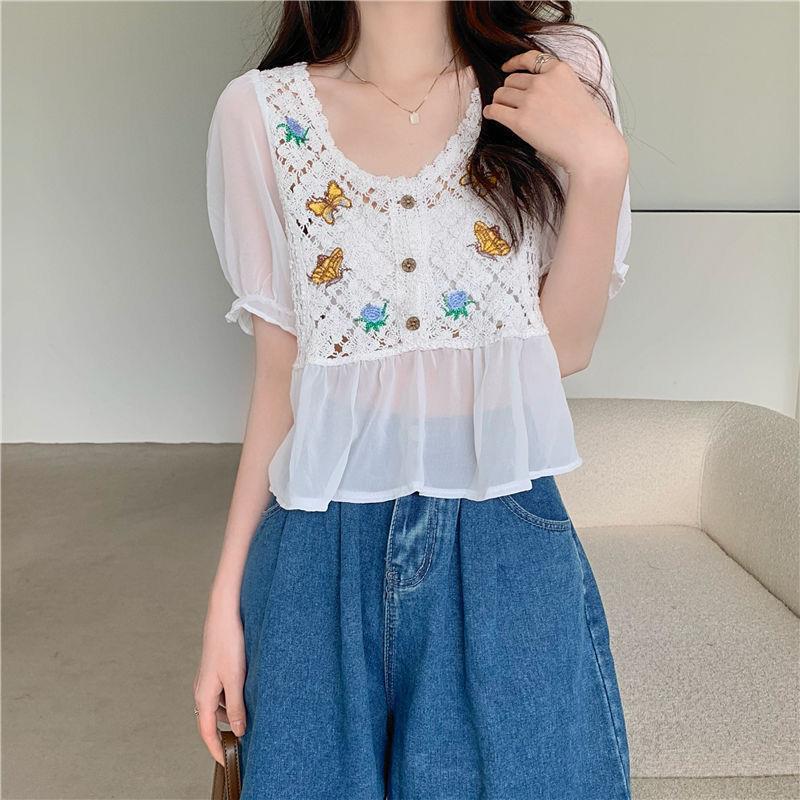 Summer New French Retro Elegant Crochet Hollow Daisy Embroidered Loose V-neck Chiffon Shirt Women's Top
