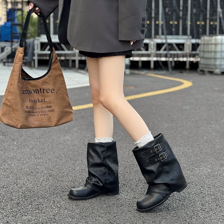 褶皱堆堆靴女2025年秋季新款黑色美拉德中筒靴女西部靴机车马丁靴|undefined