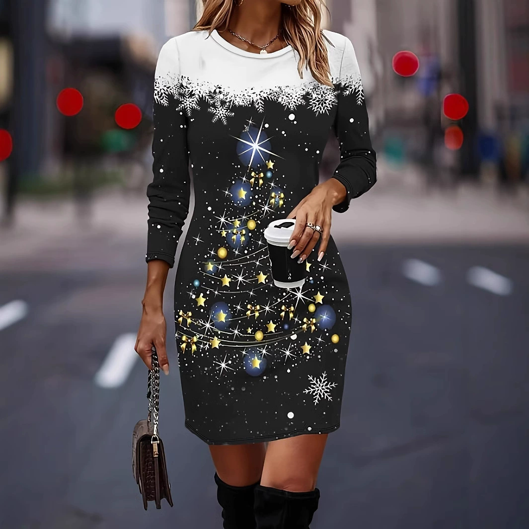 Амазонка европейская и американская женская на открытом воздухе рождественский круглый воротник с принтом снежинки длинное платье