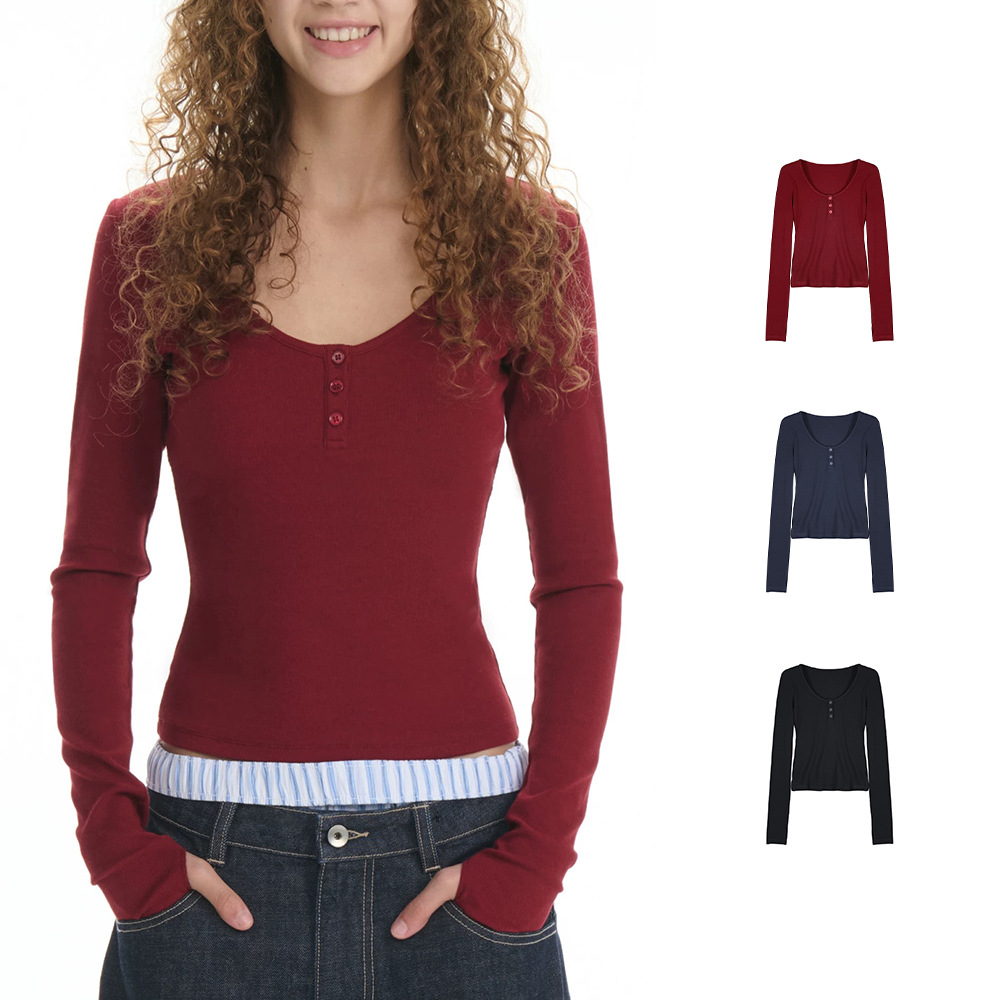 南油女装RA新品 亨利领U形沙漏长袖T恤美式复古简约纯色休闲上衣