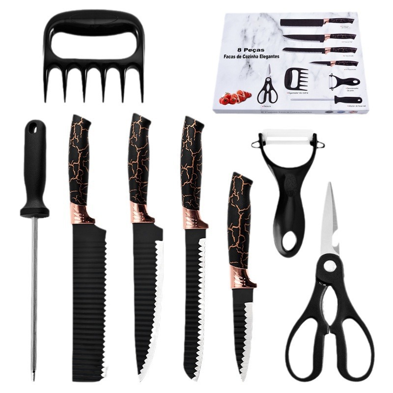 Cuchillo de cocina de mármol de mango de grasa de seis piezas de cuchillo de caja de regalo ondulado paquete de cuchillo de acero inoxidable de cocina