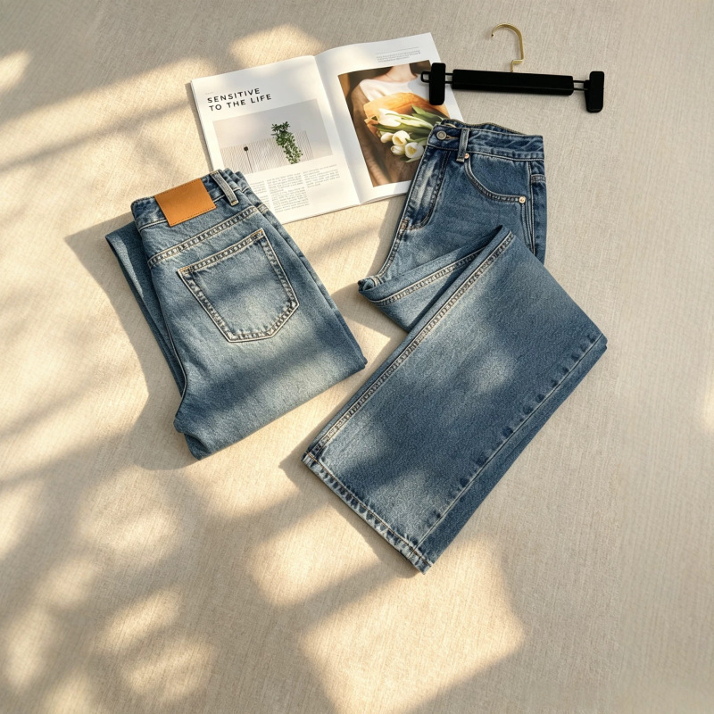 [in Stock] High-Waisted Straight-Leg Vintage Washed Blue Loose Wide-Leg Jeans for Women