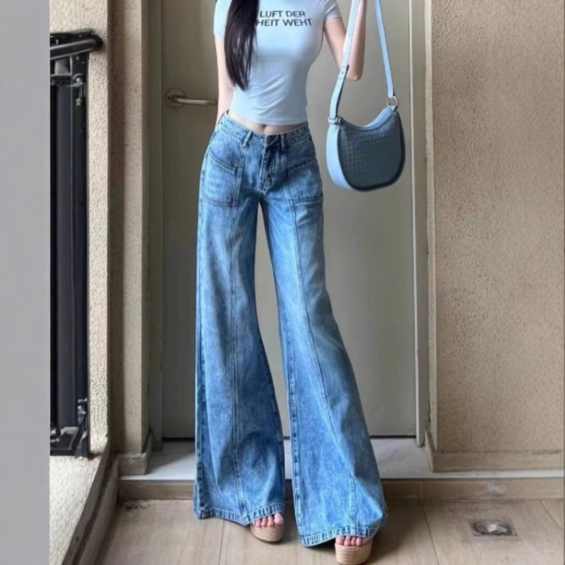 Spice Girl Vintage Washed Wide-Leg Jeans Small High Waist Loose Slimming Straight-Leg Pants Hangs Ins