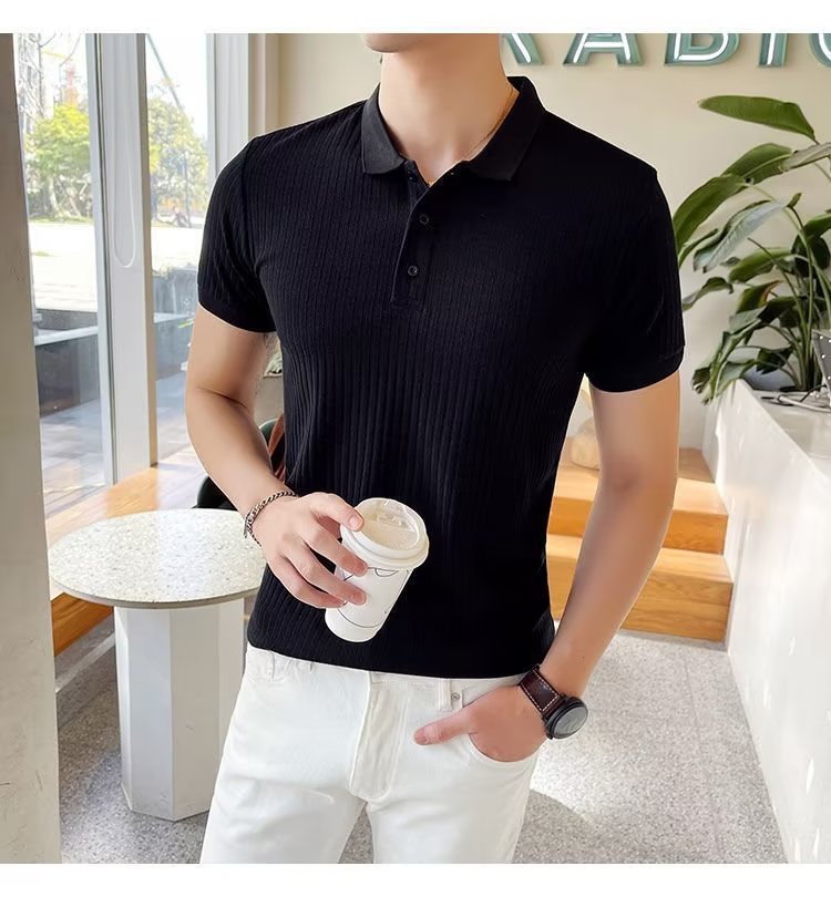Camicia in polp intrecciato a righe estive 2023 T-shirt in seta di ghiaccio Versatile tinta unita comoda manica corta - stampabile Tiktok_voghion.com