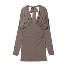 速卖通批发秋季新款女装套头V领长袖褶皱蓬松短款连衣裙4772248