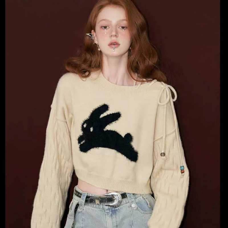 Mamc Sweet Lace-Up Off-Shoulder Rabbit Sweater for Women, 2023 Autumn Loose Slimming Knit Top Trendy Mamc Sweet Lace-Up Off-Shoulder Rabbit Sweater for Women, 2023 Autumn Loose Slimming Knit Top Trendy