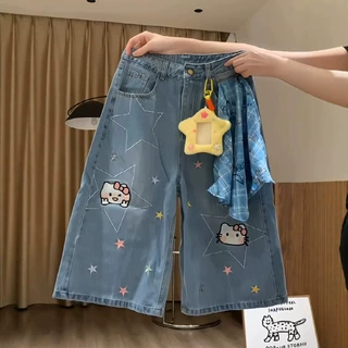潮鲤有货卡通星星刺绣七分牛仔裤女夏季新款方巾拼接宽松阔腿中裤