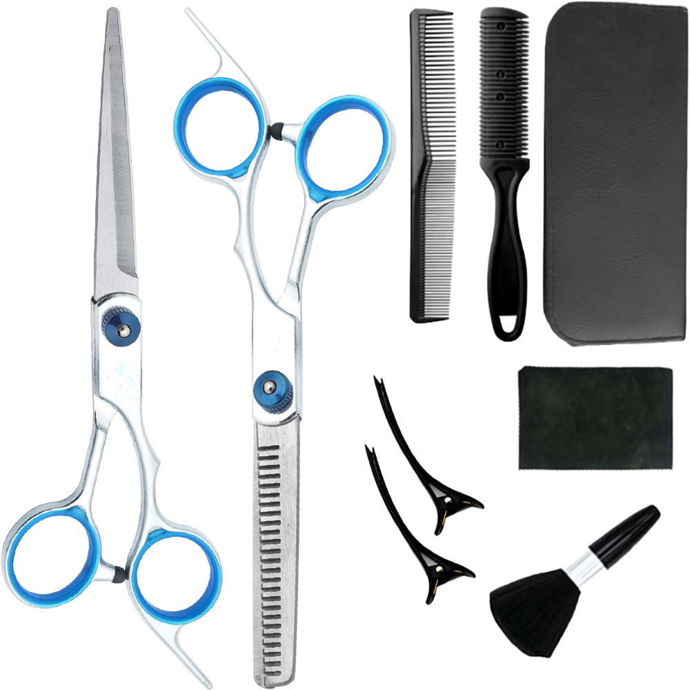 Un conjunto completo de tijeras de corte de pelo al por mayor, tijeras de dientes delgadas profesionales, tijeras planas de reparación de cabello, tijeras para el hogar, fabricantes de herramientas de tijeras para el cabello