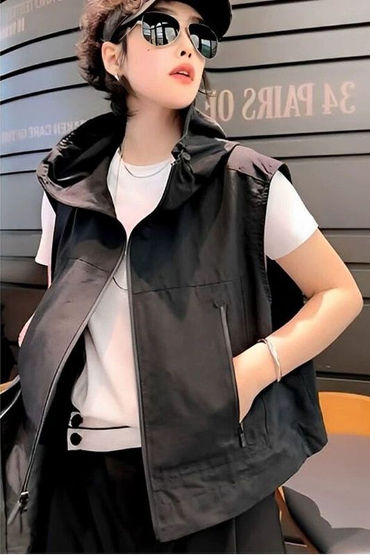 今年流行马夹女外搭2025年春秋新款洋气时髦黑色连帽背心马甲外套|undefined