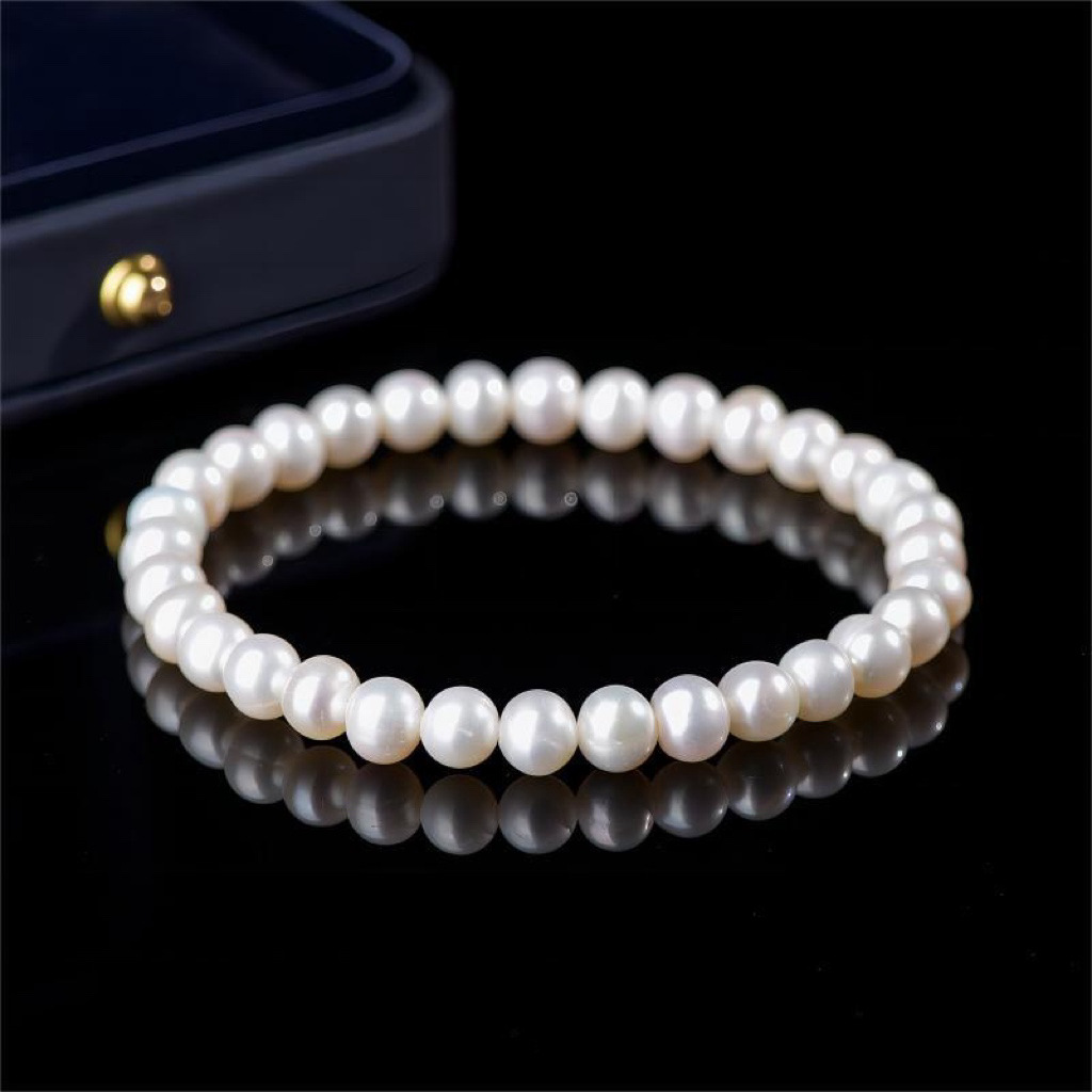Freshwater Pearl Bracelet, Pure Natural Genuine Small Round Beads, Elastic String, 5mm White Pearls for Women