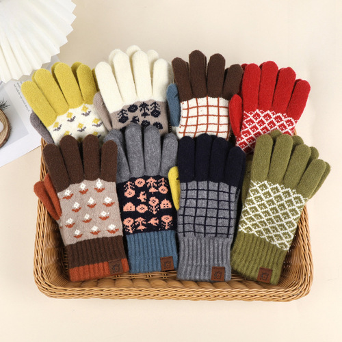 Autumn/Winter New Retro Color-blocking Embroidered Knitted Gloves Women's Warm Touch Screen Woolen Gloves Student Style