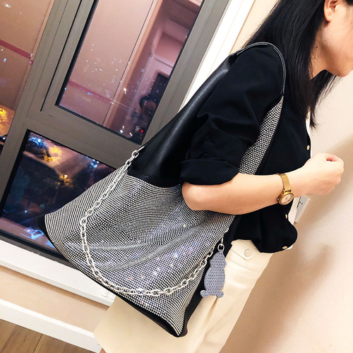 6382-1 European Fashion Water Diamond Large Tote Bag, Stylish South Korean Soft Leather, Lightweight Diamond-embellished Personal High-capacity Shoulder Bag