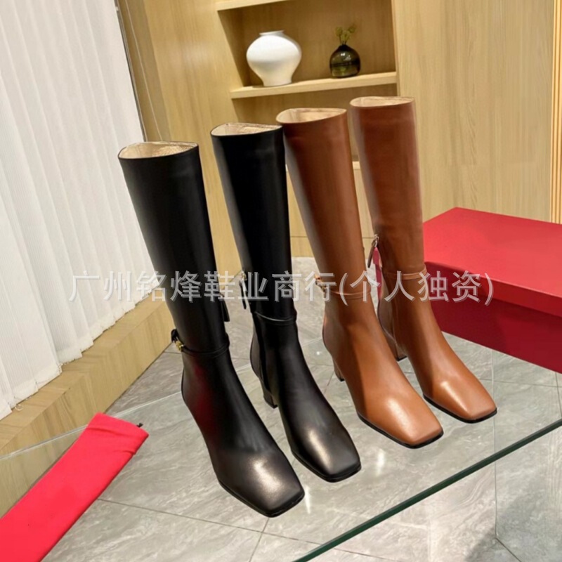 High-Board Boots, Square-Toe Fashion Boots, Genuine Leather Thick-Heeled Boots, European and American Short Boots, Autumn and Winter Women's Boots, Belt Buckle High-Heeled Boots