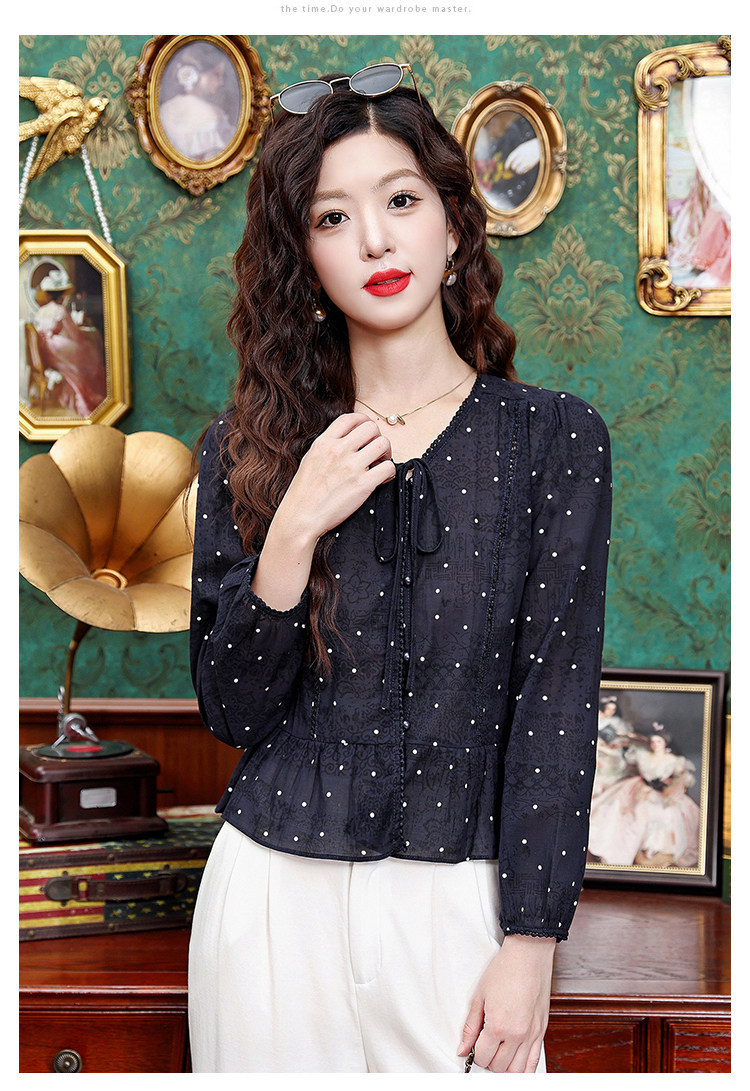 Áo sơ mi nữ tay dài cổ nơ bướm họa tiết chấm bi phong cách vintage — Xanh lông mòng đen chi tiết 14