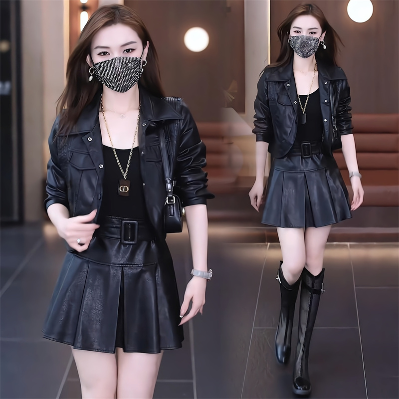Amazon fashion short leather jacket for women in spring and autumn new small lapel fashionable slim leather jacket top
