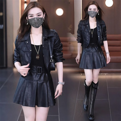Amazon fashion short leather jacket for women in spring and autumn new small lapel fashionable slim leather jacket top