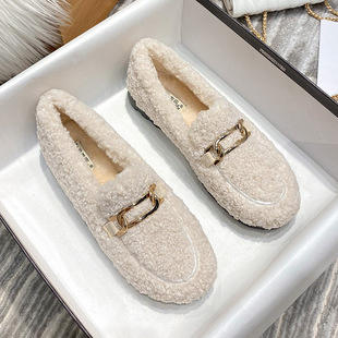 Women's Furry Shoes for Autumn and Winter Outer Wear Slip-On Slip-Ons Fleece-Lined Cotton Shoes Lamb Wool Beanie Shoes 41-43 Comfortable