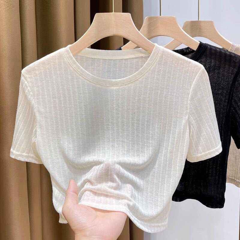 Ice Silk Short-Sleeve T-Shirt for Women, Summer Thin Style, Paired with a Slip Dress, Inner Layering Shirt, High-Waisted Cropped See-Through Top Ice Silk Short-Sleeve T-Shirt for Women, Summer Thin Style, Paired with a Slip Dress, Inner Layering Shirt, High-Waisted Cropped See-Through Top