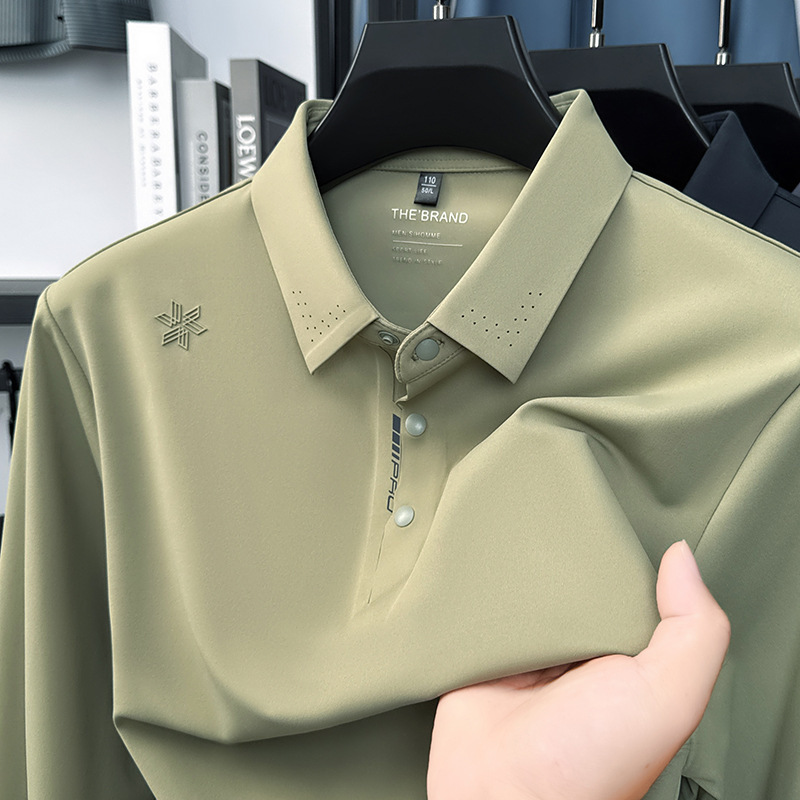 Autumn Men's Seamless Ice Silk Nylon Spandex Long-Sleeved T-Shirt Middle-Aged Casual Lapel Elastic No-Iron Top Polo Shirt Autumn Men's Seamless Ice Silk Nylon Spandex Long-Sleeved T-Shirt Middle-Aged Casual Lapel Elastic No-Iron Top Polo Shirt