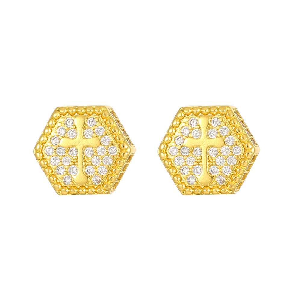 popular cross zircon hip hop earrings for men hexagonal gold plated full diamond hiphop earrings_voghion.com