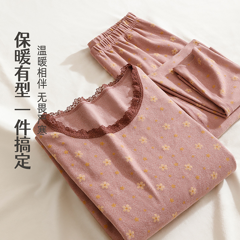 Traje de ropa interior térmica de la madre de doble cara de las mujeres cepillado calefacción forrada de lana engrosada ropa de Otoño de mediana edad y ancianos pantalones largos traje de mujer