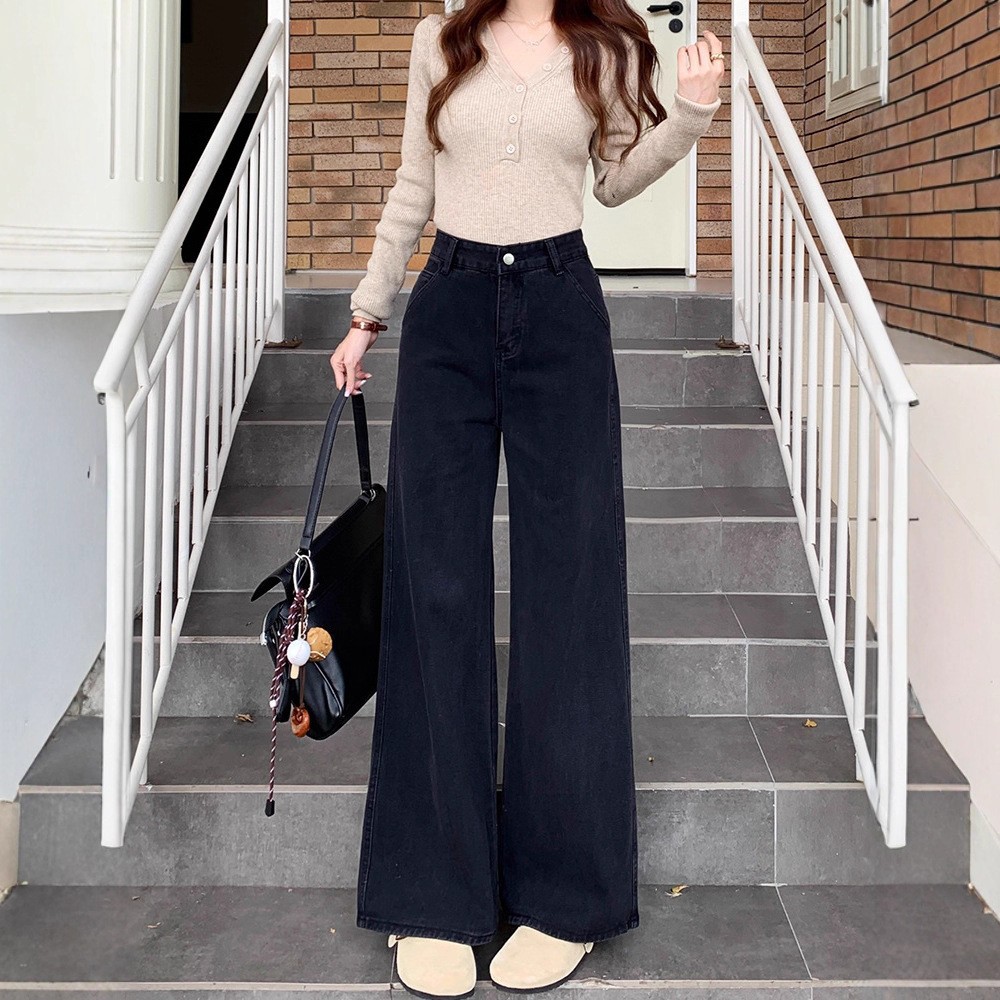 Black High-Waisted Wide-Leg Jeans for Women, Autumn 2025 New Style, Petite Design, Stylish Loose Straight Pants