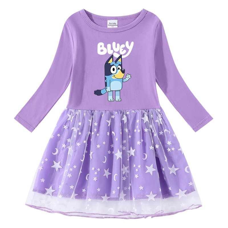 2023 Spring and Autumn New Cross-border Girls Dress Cotton Printed Cartoon Star Moon Mesh Long Sleeve Princess Dress