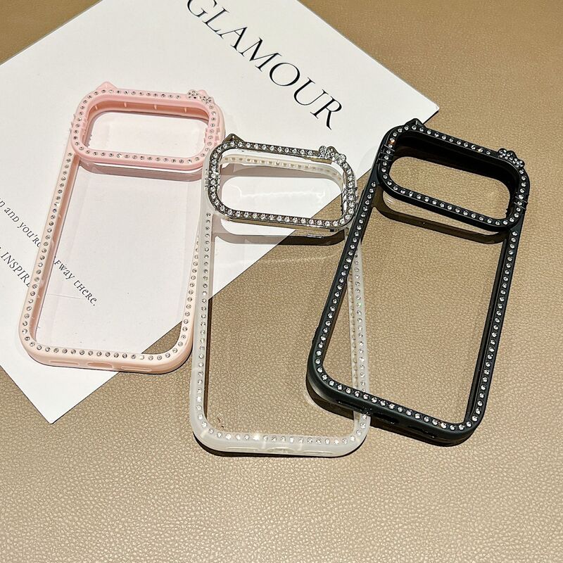 Suitable for Apple 17 Pro Max Double-Sided Rhinestone Cat Ear Phone Case, 16Pm Groove Case, Rhinestone Case, Cat Star Design, Crushed Rhinestone for Women