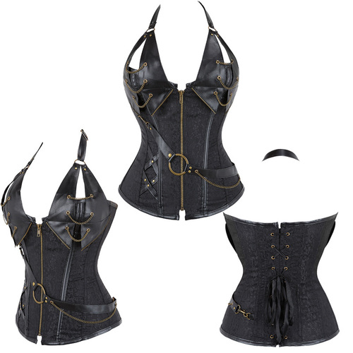 European and American hot leather clothes uniforms, steel frame metal punk waist black brown leather hanging neck court corset