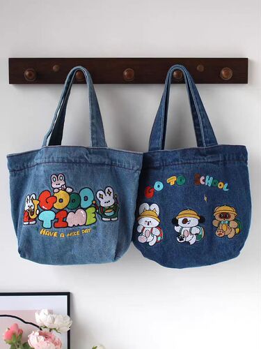 Japanese cartoon embroidered washed denim handbag large capacity student portable bucket bag cute lunch box bag