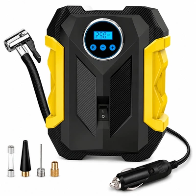 Car air pump digital display lighting tire electric car air pump mini smart portable car air pump (Hava nasosu) - digital-display-yellow-edged-black