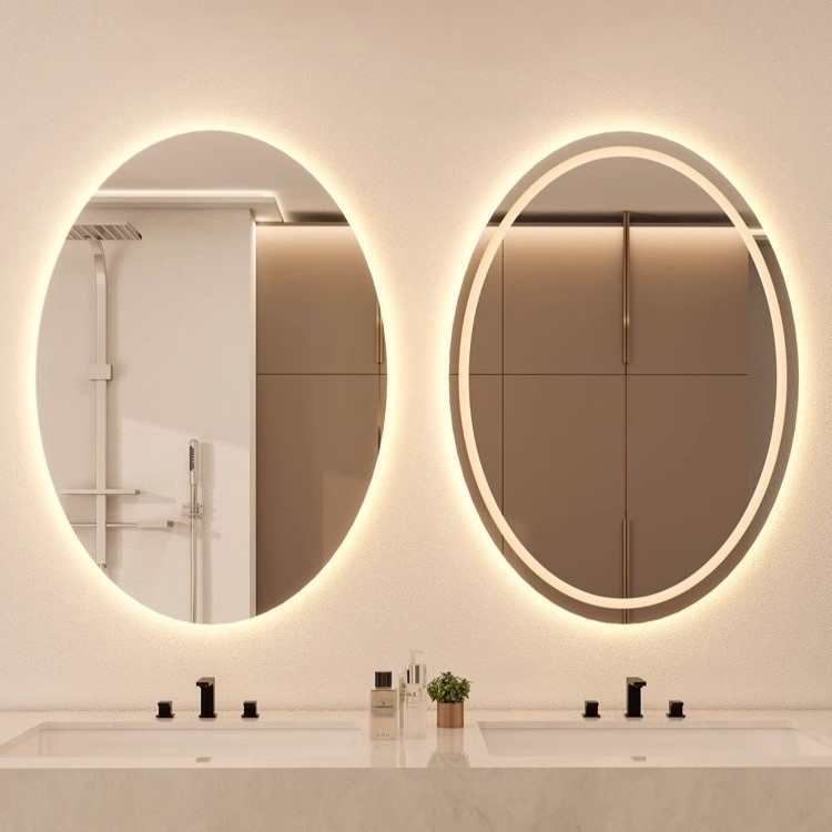 Espejo inteligente oval LED lámpara de baño espejo de baño anti-nebble lámpara de maquillaje espejo luminoso pared colgante espejo de inducción