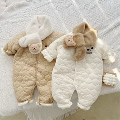 0-2 Years Autumn/Winter Fleece Lined Ribbed Teddy Bear Onesie Simple Ins Style Front Opening Pajama Suit