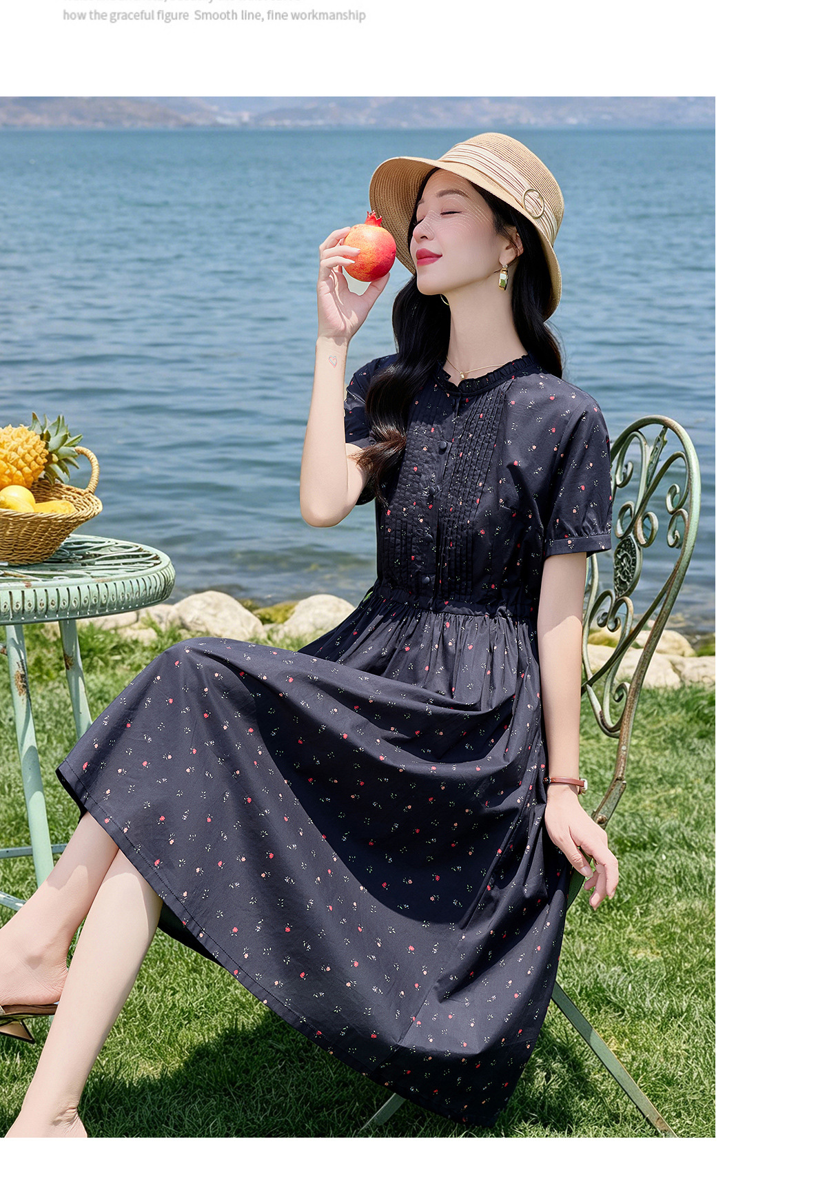 Đầm maxi nữ thắt eo in họa tiết hoa cổ điển tay ngắn — Xanh lông mòng đen chi tiết 16