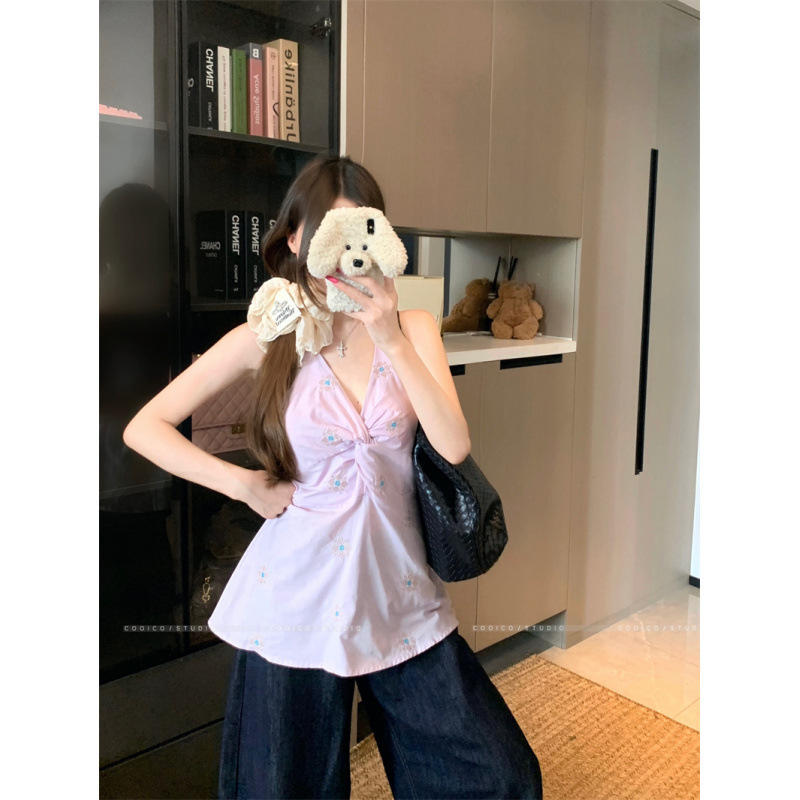 Pure Cotton French-Style Purple Embroidered V-Neck Halter Neck Camisole Sleeveless Waist-Cinching Top with a Sense of Design for Outerwear