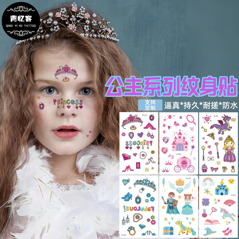 Cross-Border Supply Wholesale Cute Princess Temporary Tattoo Stickers Children's Makeup Stickers Performance Crown Skirt Carriage