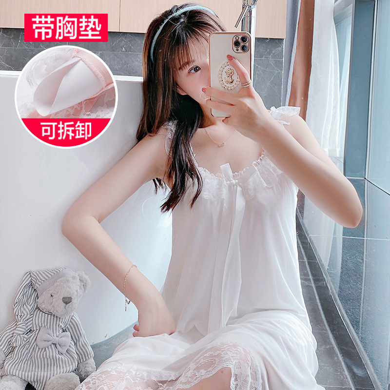 Palace Lace Nightdress Summer Korean Popular Internet Popular Sentimental Belt Chest Pad Nightdress Fairy Mesh Home Clothes Nightdress