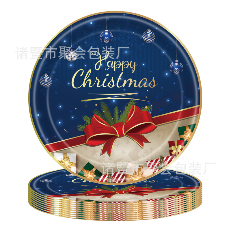 新款复古拼色圣诞节派对用品 装饰拉旗 一次性桌布圆盘纸巾刀叉勺|undefined