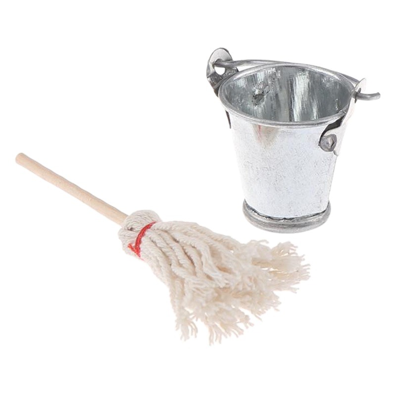 1:12 Dollhouse mini muebles modelo comida y juego metal plata cubo basura fregona ~