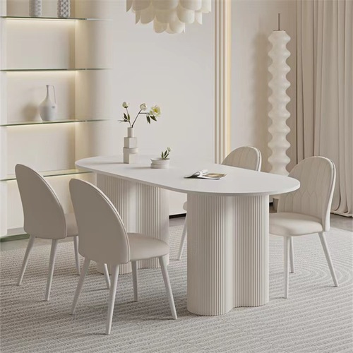 Luxury cream style rock board dining table modern simple home small apartment oval pure white dining table and chair set 